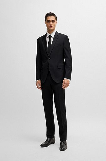 Regular-fit suit in a melange virgin-wool blend, Black