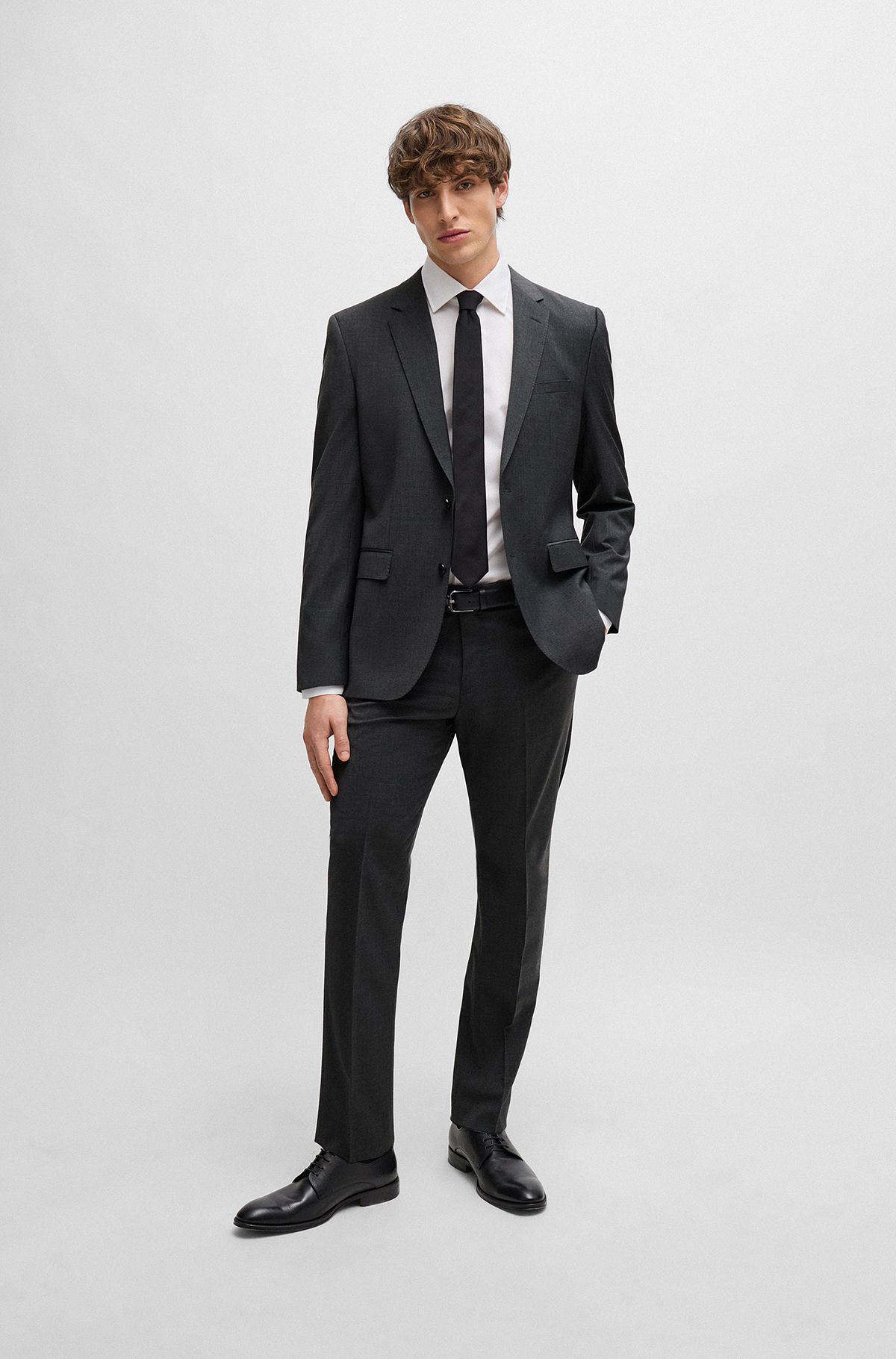 Regular-fit suit in a melange virgin-wool blend, Dark Grey
