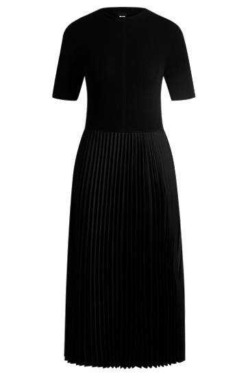 Short-sleeved dress with knitted top and plissé skirt, Hugo boss