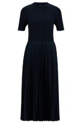 Short-sleeved dress with knitted top and plissé skirt, Dark Blue