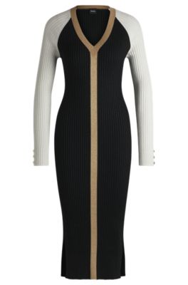 V-neck knitted dress in metallised fabric, Black  /  White  /  Beige