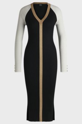 V-neck knitted dress in metallised fabric, Black  /  White  /  Beige