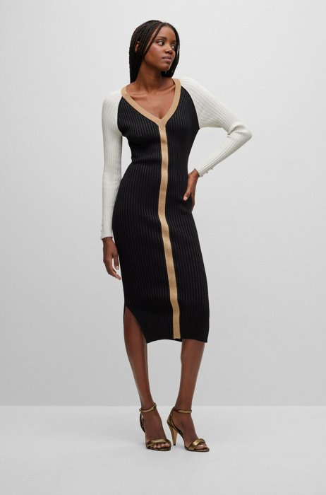 Long-sleeved knitted dress with metallised fibres, Patterned