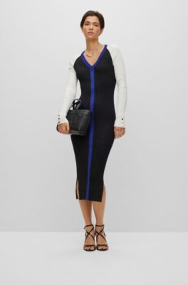 V-neck knitted dress in metallised fabric, White / Black