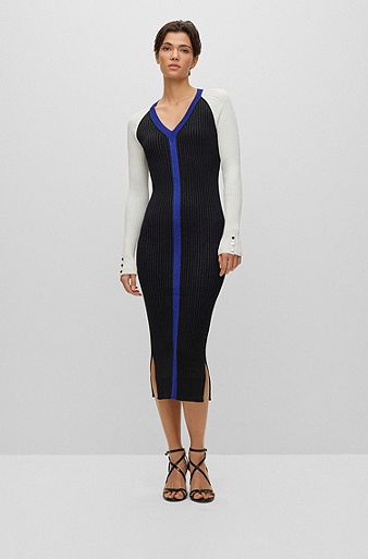 V-neck knitted dress in metallised fabric, White / Black