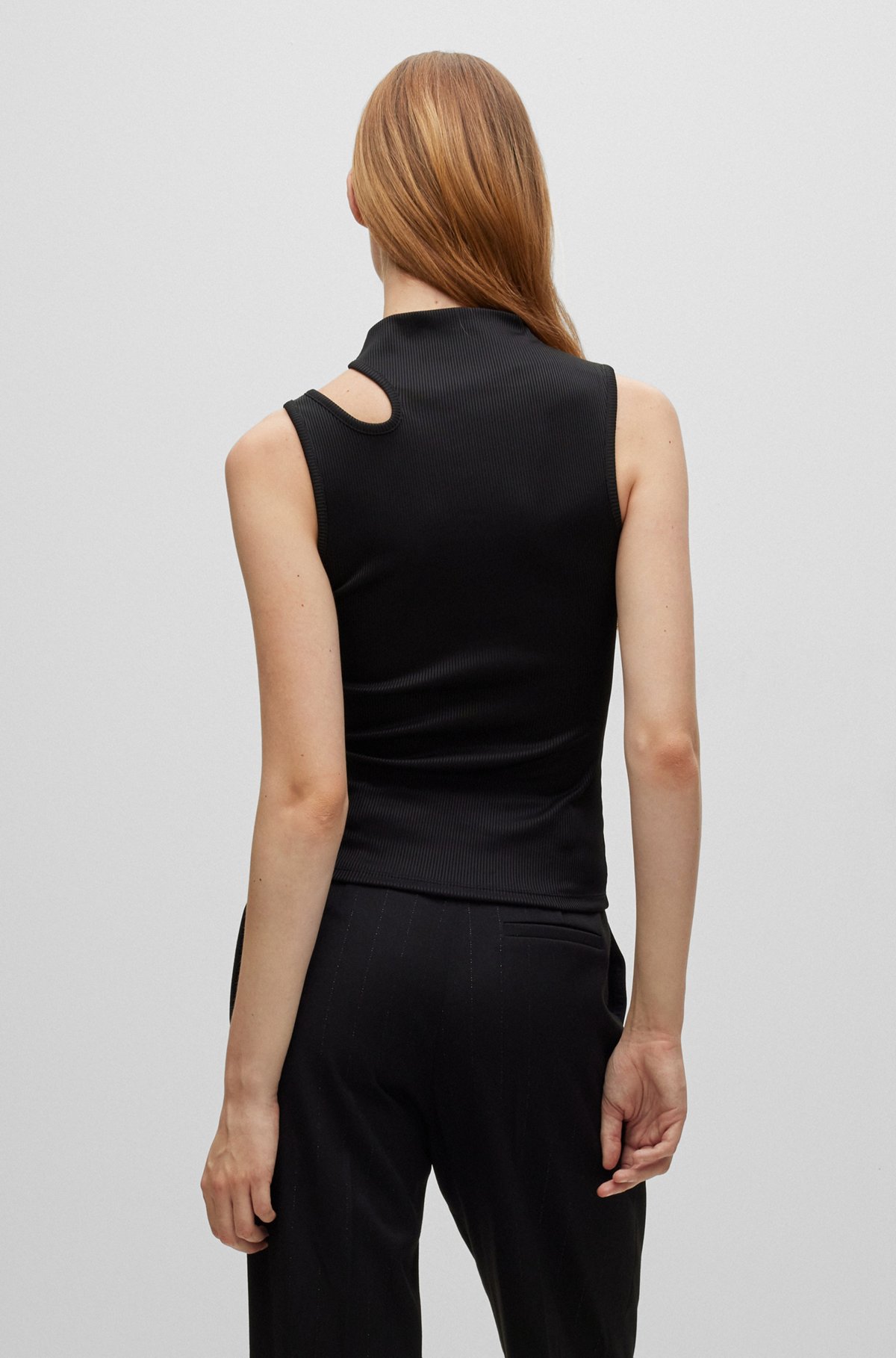 Sleeveless ribbed top with cut-out detail, Black