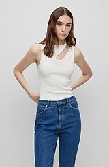 Sleeveless ribbed top with cut-out detail, White