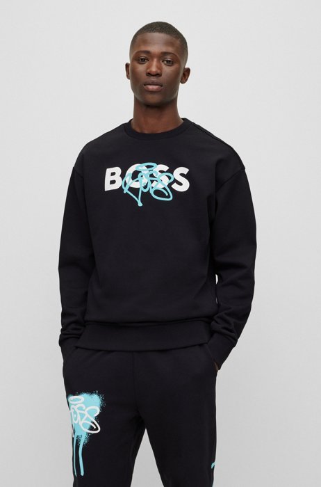 Relaxed-fit cotton sweatshirt with graffiti-logo artwork, Black