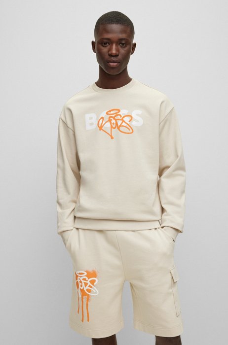 Relaxed-fit cotton sweatshirt with graffiti-logo artwork, Light Beige