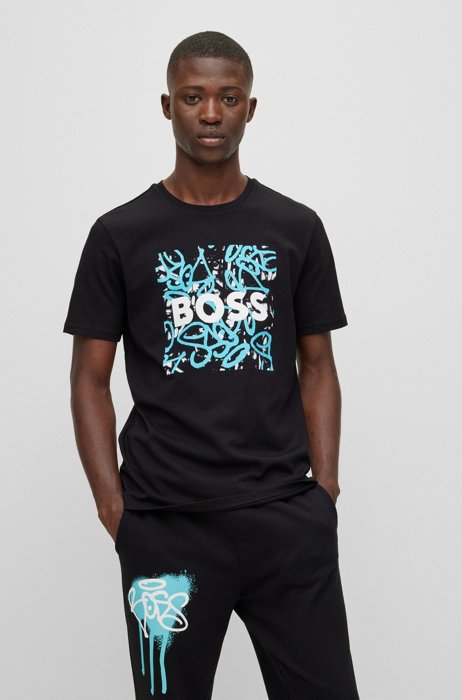 T-shirt van katoenen jersey met logo en graffiti-artwork, Zwart