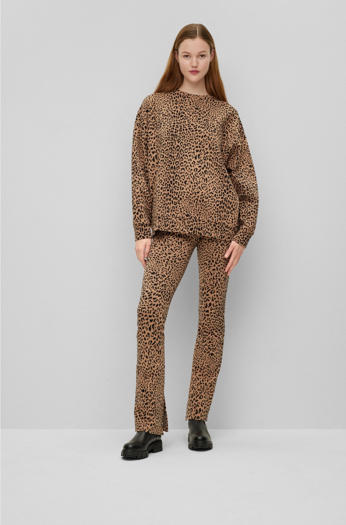 Oversized-fit sweatshirt with jacquard-woven leopard pattern, Brown Patterned