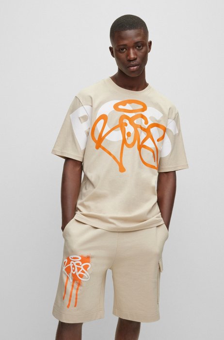 Relaxed-fit cotton T-shirt with logo-graffiti artwork, Light Beige