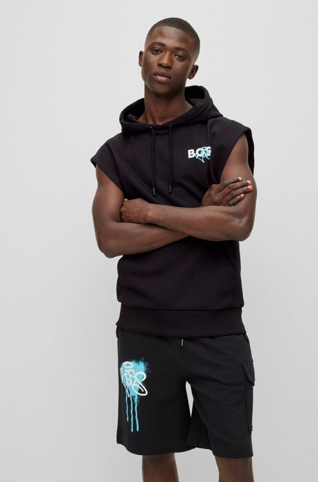 Relaxed-fit sleeveless cotton hoodie with graffiti-logo artwork, Black