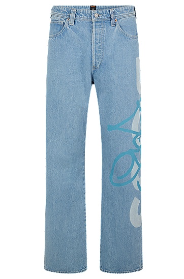 BOSS 博斯涂鸦风徽标图案宽松版牛仔裤,  450_Light/Pastel Blue