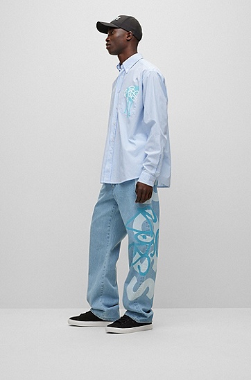 BOSS 博斯涂鸦风徽标图案宽松版牛仔裤,  450_Light/Pastel Blue