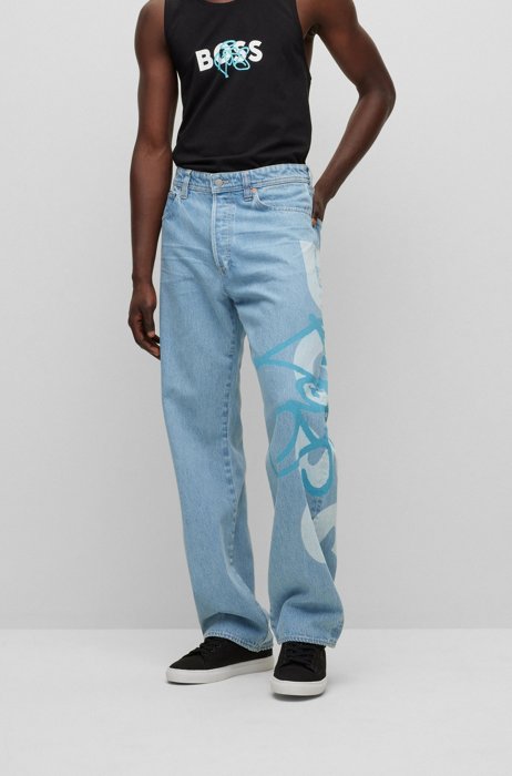 Relaxed-fit jeans met graffitilogo’s, Lichtblauw