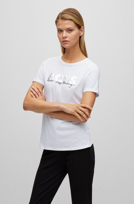 T-shirt a girocollo in cotone biologico con logo luccicante, Bianco