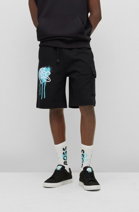 Cotton-terry shorts with graffiti-logo artwork, Black