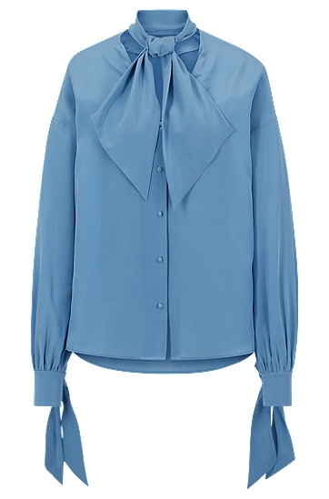 BOSS 博斯真丝帆布系带领口宽松版型女士衬衫,  474_Open Blue