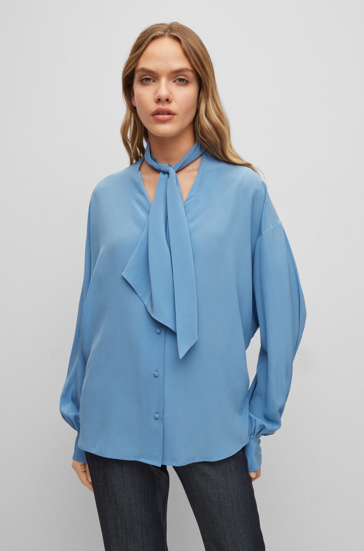 Tie-neck relaxed-fit blouse in silk canvas, Blue