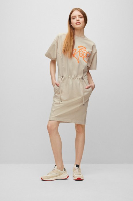Relaxed-fit cotton-terry dress with graffiti-style artwork, Beige