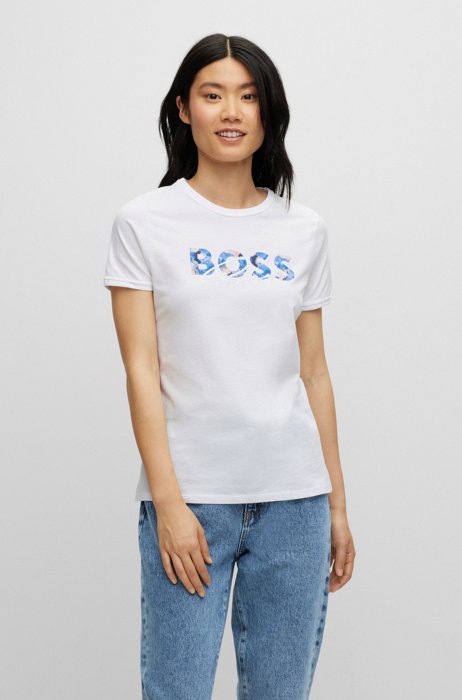 로고 아트워크 오가닉 코튼 슬림 핏 티셔츠, 화이트