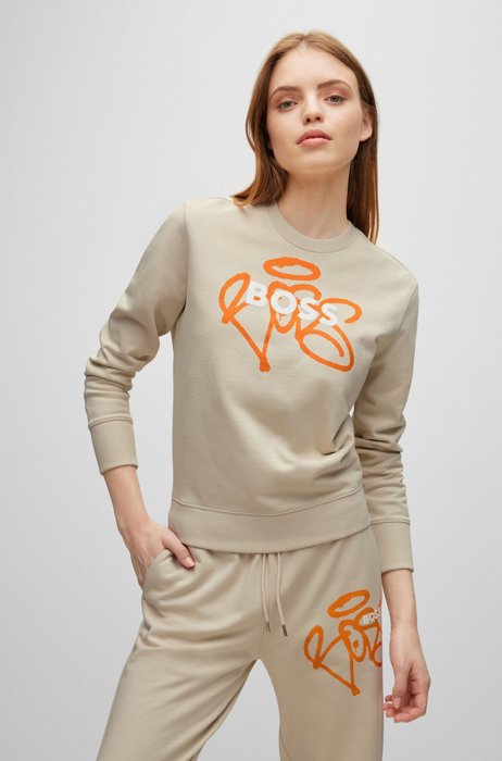 Cotton-terry sweatshirt with graffiti-style artwork, Beige