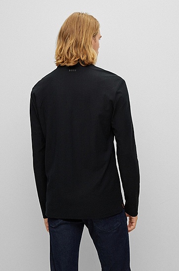 BOSS 博斯宽松版型棉质提花长袖 Polo 衫,  001_Black