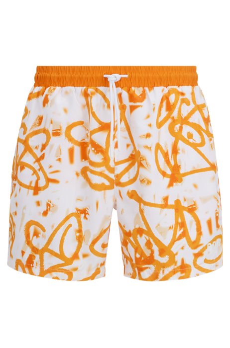 Quick-drying recycled-fabric swim shorts with graffiti artwork, Orange