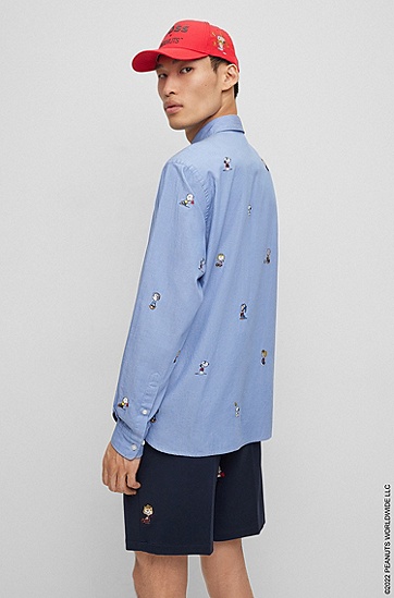 七夕BOSS X PEANUTS联名系列专有刺绣艺术风图案常规版型棉质衬衫,  426_Medium Blue