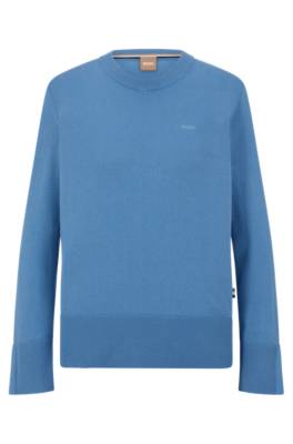 Hugo Boss Logo-embroidered Sweater In Cotton, Silk And Cashmere In Blue
