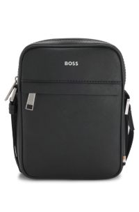 Recycled-leather reporter bag with adjustable logo strap, Black