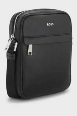 Sac reporter en similicuir &agrave; logo, Noir