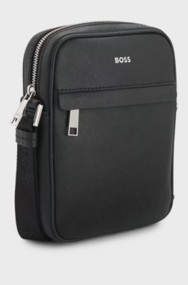 Recycled-leather reporter bag with adjustable logo strap, Black
