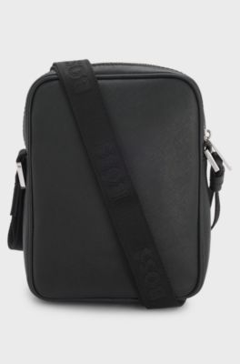 Recycled-leather reporter bag with adjustable logo strap, Black