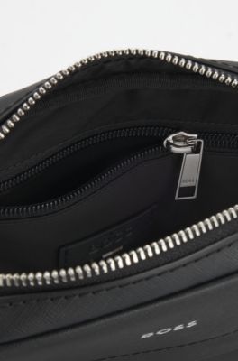 Recycled-leather reporter bag with adjustable logo strap, Black