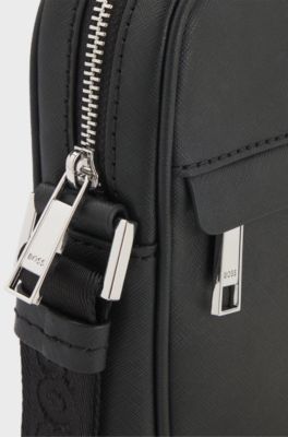 Recycled-leather reporter bag with adjustable logo strap, Black