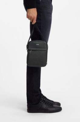 Recycled-leather reporter bag with adjustable logo strap, Black
