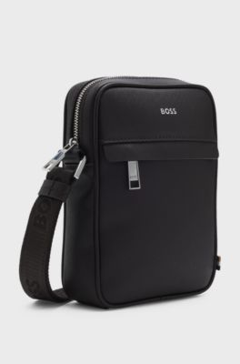 Recycled-leather reporter bag with adjustable logo strap, Dark Brown