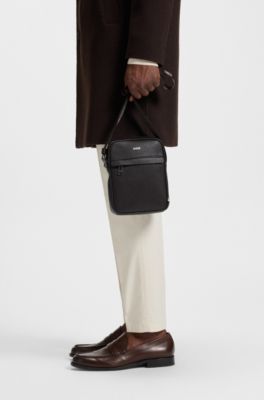Recycled-leather reporter bag with adjustable logo strap, Dark Brown