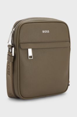 Recycled-leather reporter bag with adjustable logo strap, Khaki