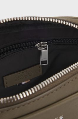 Recycled-leather reporter bag with adjustable logo strap, Khaki