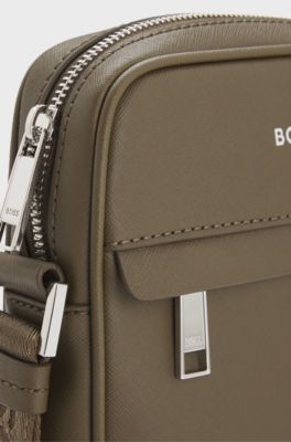 Recycled-leather reporter bag with adjustable logo strap, Khaki
