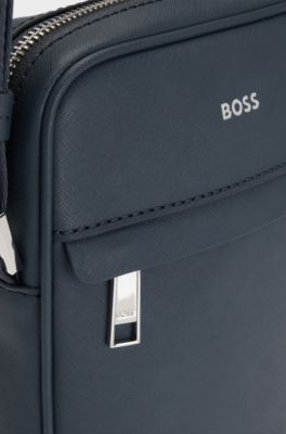 Recycled-leather reporter bag with adjustable logo strap, Blue