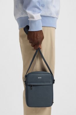 Leather reporter bag with adjustable logo strap, Blue