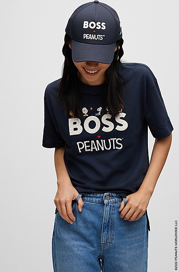 BOSS 博斯七夕BOSS X PEANUTS联名系列徽标艺术风图案棉质斜纹布鸭舌帽,  404_Dark Blue
