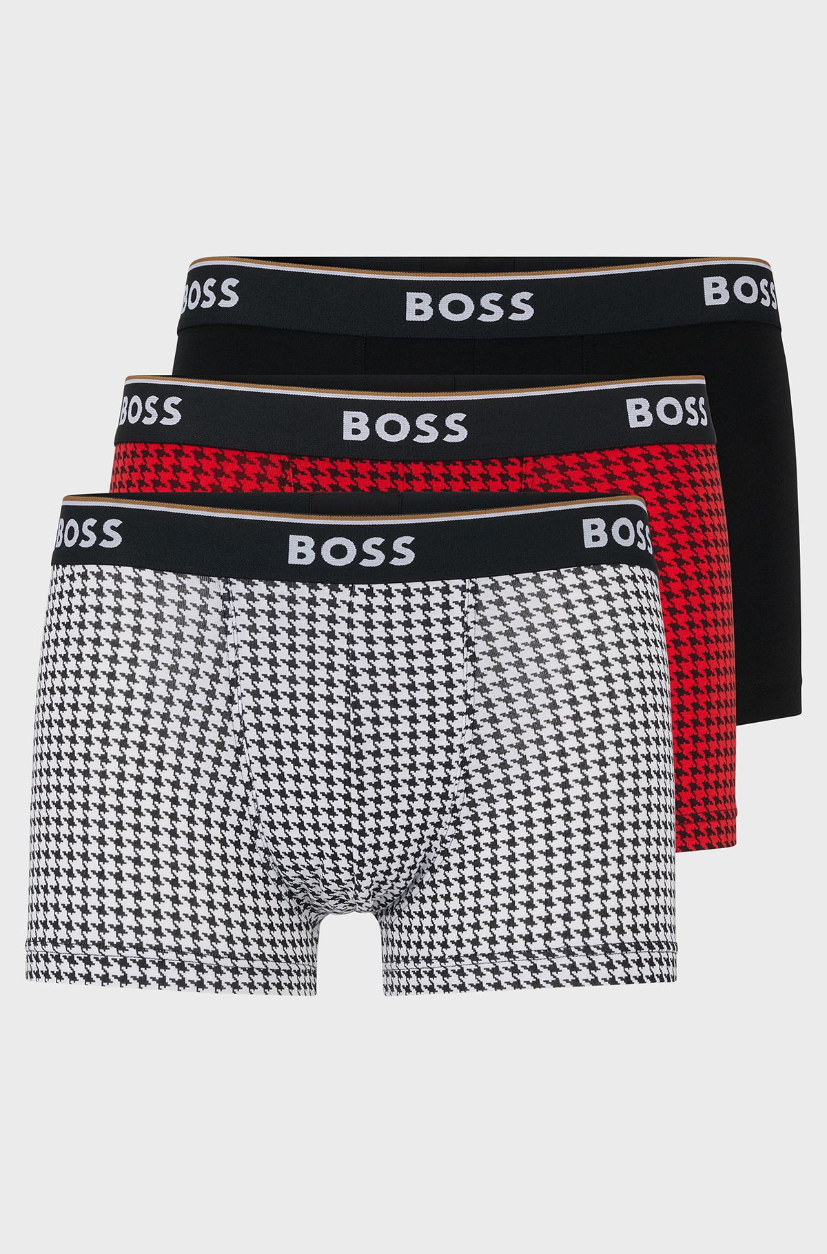 Three-pack of stretch-cotton trunks with logo waistbands, Black / White / Red