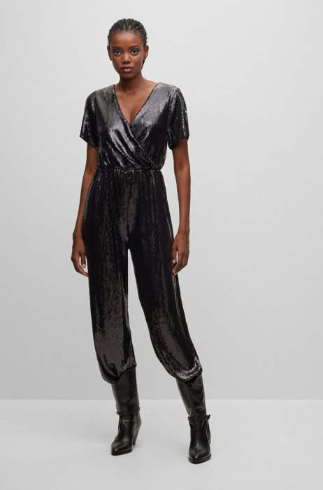 Stretch-jersey sequin jumpsuit with fixed wrap front, Black