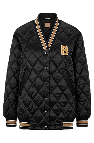 BOSS 博斯字母组合图案和罗纹饰边大款夹棉夹克外套,  001_Black