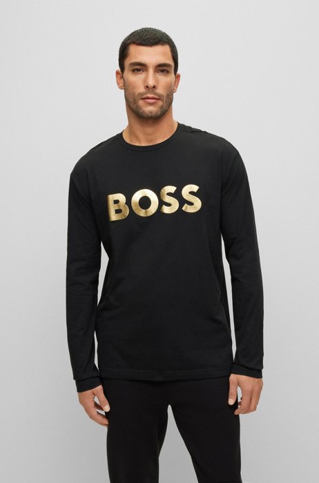 Cotton-jersey long-sleeved T-shirt with logo print, Black